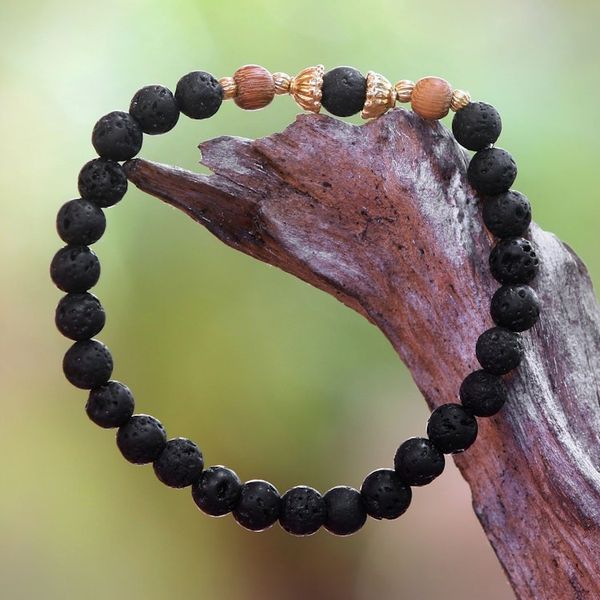 Alternate image for Lava Stone Bracelet with Gold Plated Beads Batuan Tune