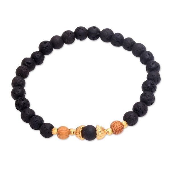 Alternate image for Lava Stone Bracelet with Gold Plated Beads Batuan Tune