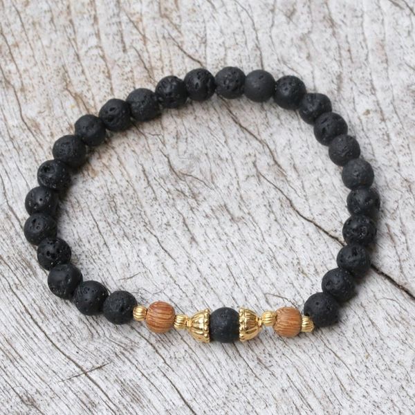 Alternate image for Lava Stone Bracelet with Gold Plated Beads Batuan Tune