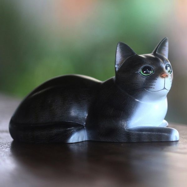 Alternate image for Signed Wood Sculpture of a Lying Cat in Grey from Bali Lying Cat in Grey