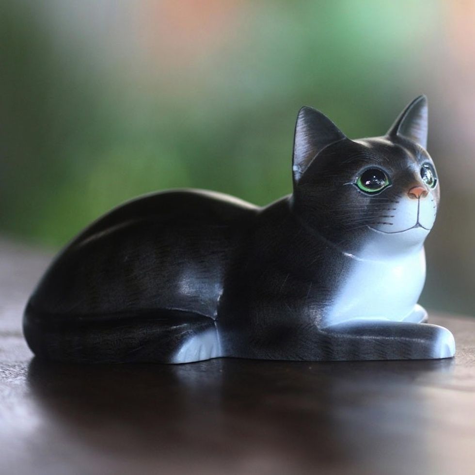 Signed Wood Sculpture of a Lying Cat in Grey from Bali 'Lying Cat in Grey'