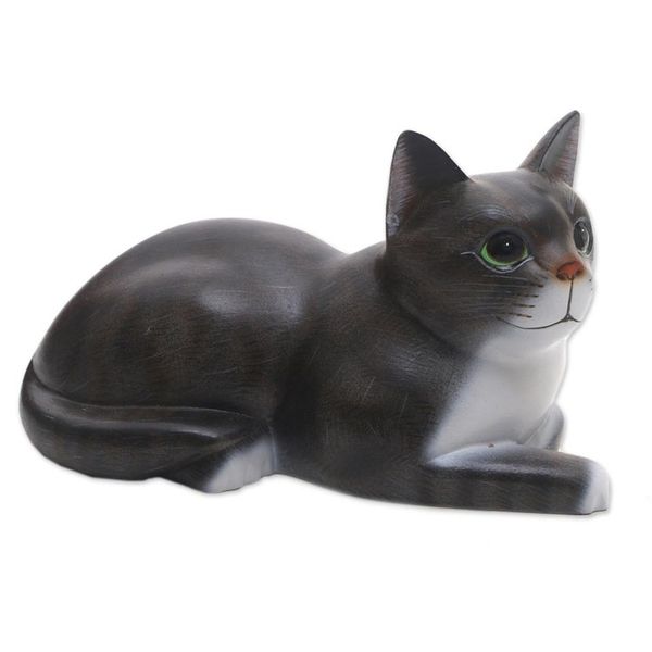 Alternate image for Signed Wood Sculpture of a Lying Cat in Grey from Bali Lying Cat in Grey