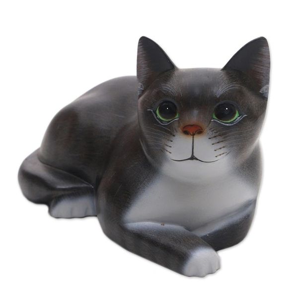 Alternate image for Signed Wood Sculpture of a Lying Cat in Grey from Bali Lying Cat in Grey