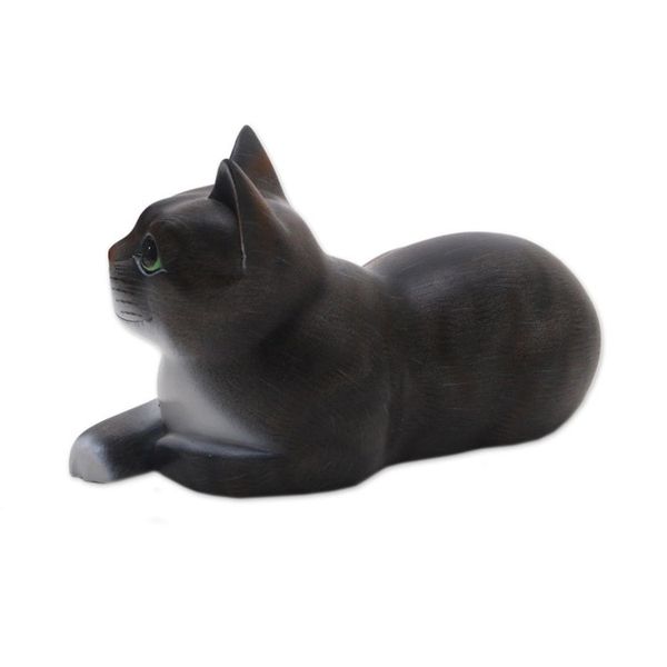 Alternate image for Signed Wood Sculpture of a Lying Cat in Grey from Bali Lying Cat in Grey