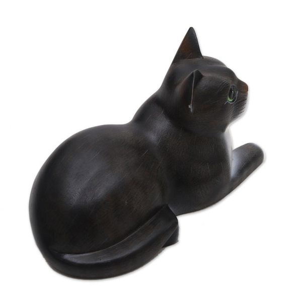 Alternate image for Signed Wood Sculpture of a Lying Cat in Grey from Bali Lying Cat in Grey