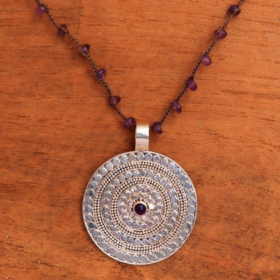 Amethyst and Sterling Silver Pendant Necklace from Bali 'Purple Shield'