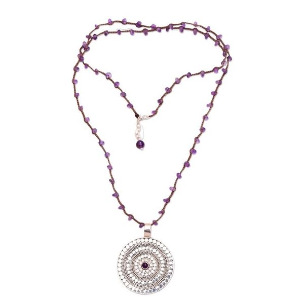 Alternate image for Amethyst and Sterling Silver Pendant Necklace from Bali Purple Shield