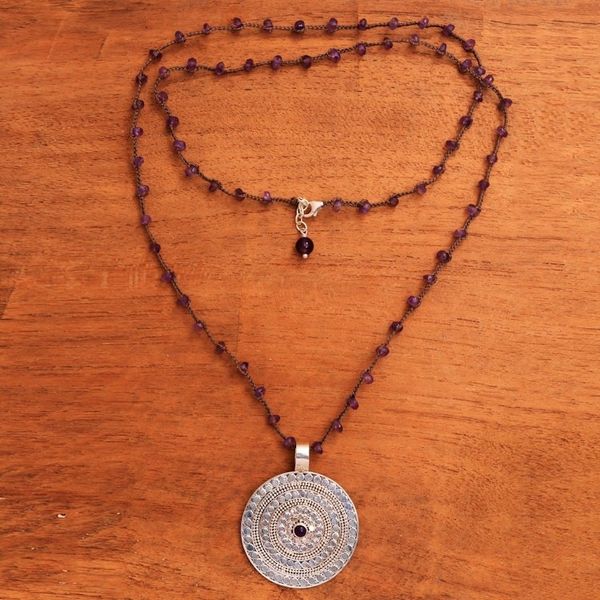 Alternate image for Amethyst and Sterling Silver Pendant Necklace from Bali Purple Shield