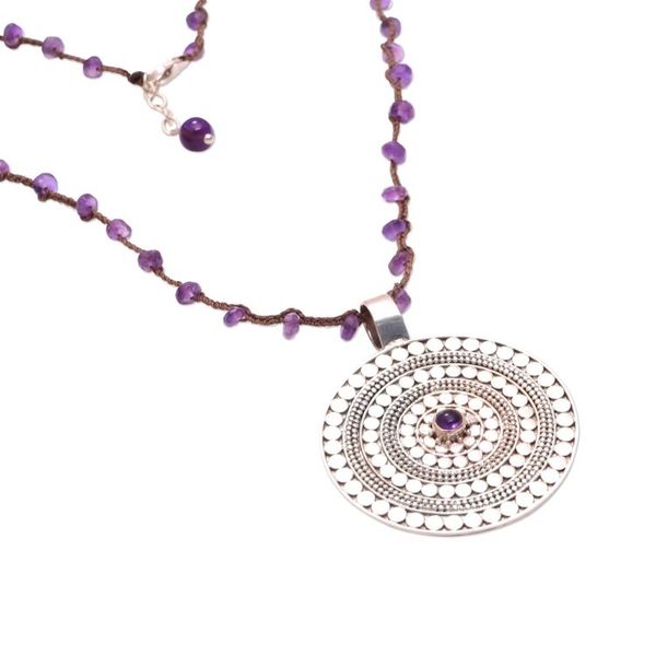 Alternate image for Amethyst and Sterling Silver Pendant Necklace from Bali Purple Shield