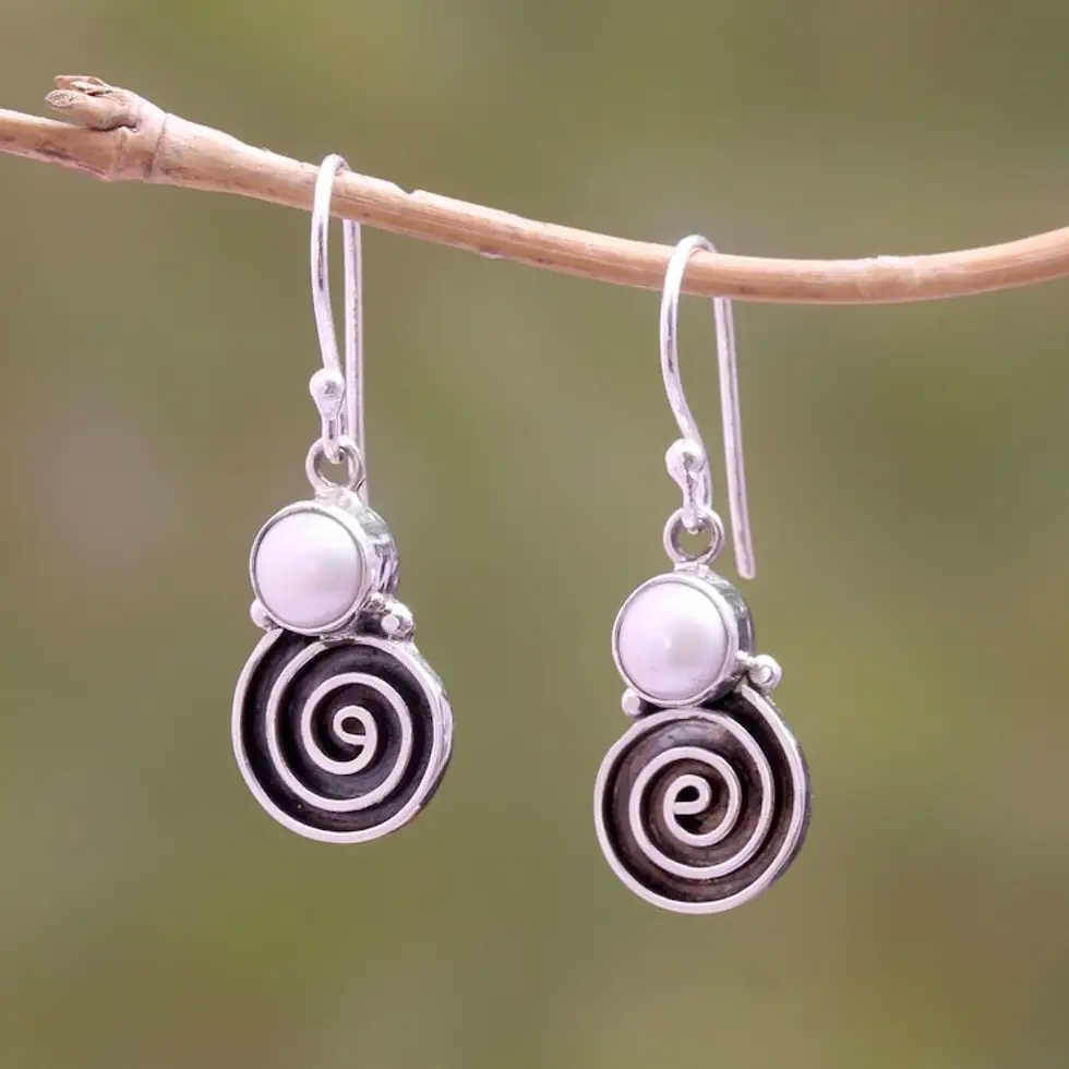Spiral Pattern Cultured Pearl Dangle Earrings from Bali 'Spiral Moon'