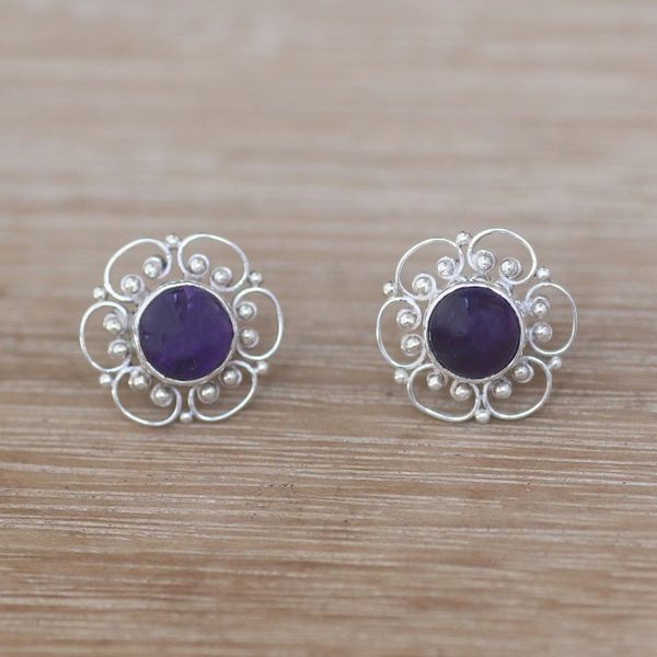 Alternate image for Floral Amethyst Button Earrings from Bali Purple Jepun