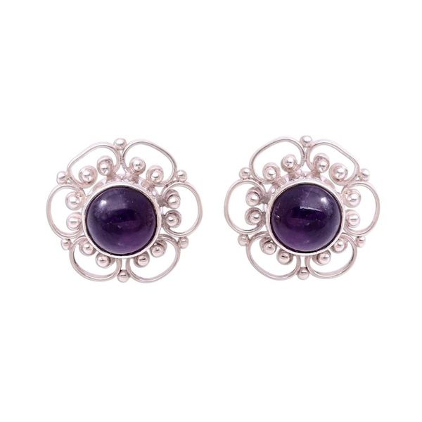 Alternate image for Floral Amethyst Button Earrings from Bali Purple Jepun