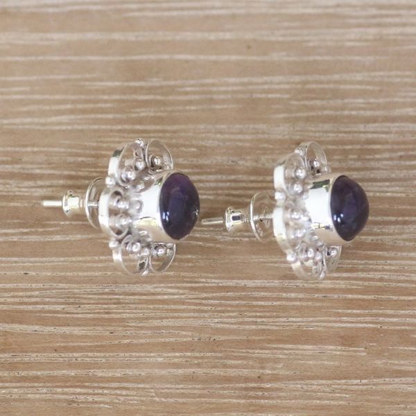 Alternate image for Floral Amethyst Button Earrings from Bali Purple Jepun