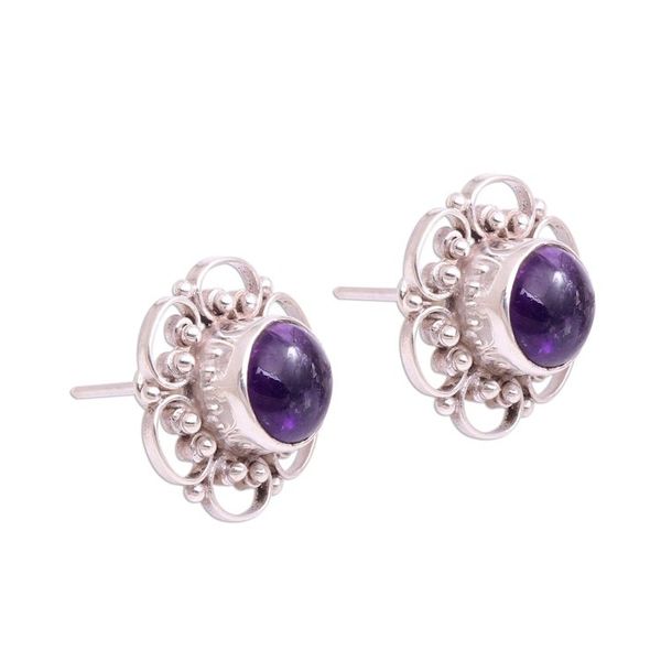 Alternate image for Floral Amethyst Button Earrings from Bali Purple Jepun