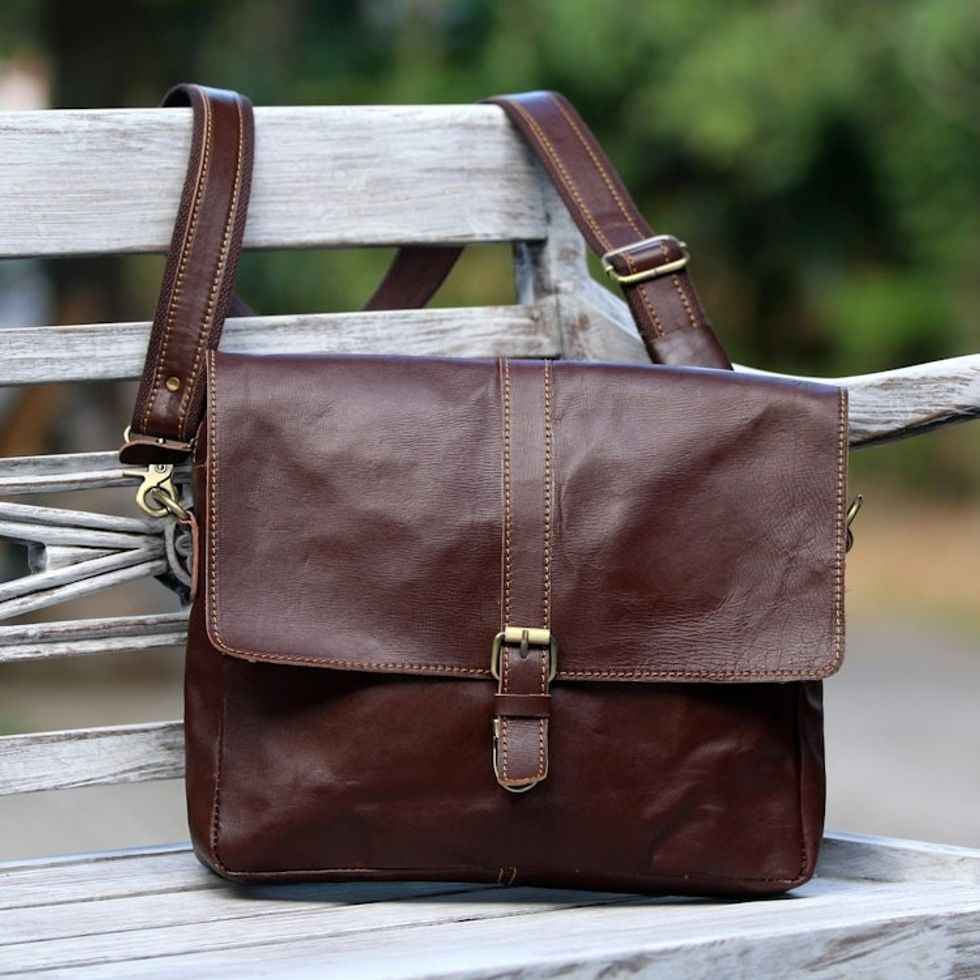 Handcrafted Leather Messenger Bag in Mahogany from Java 'Prawirotaman Pass'