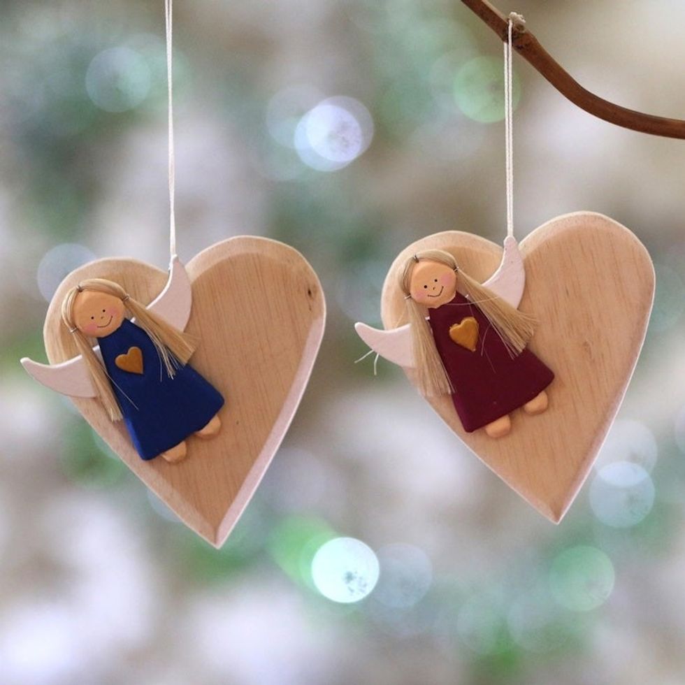 Heart-Shaped Albesia Wood Angel Ornaments from Bali Pair 'Heart of Angels'