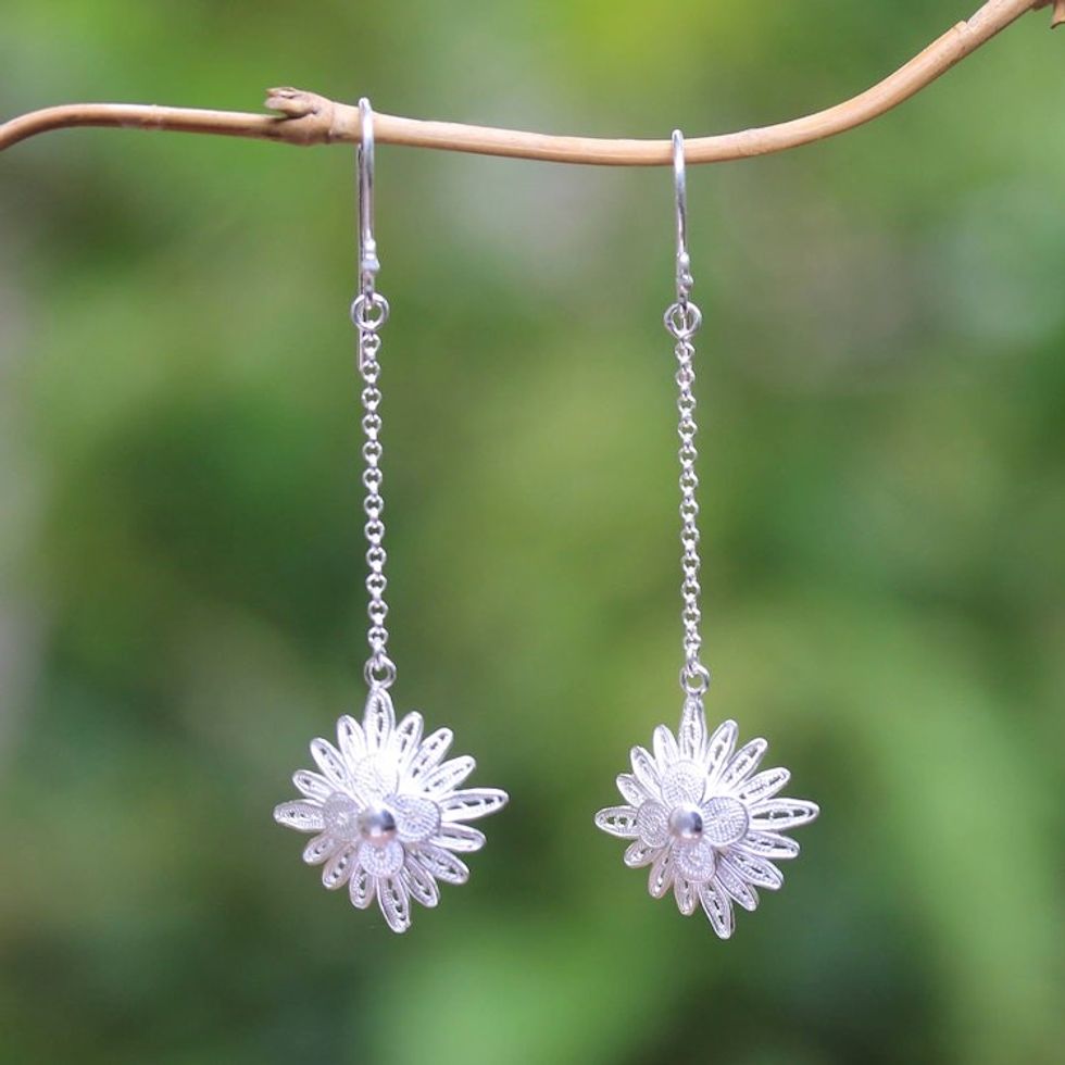 Sterling Silver Filigree Snowflake Dangle Earrings from Java 'Snowflake Elegance'