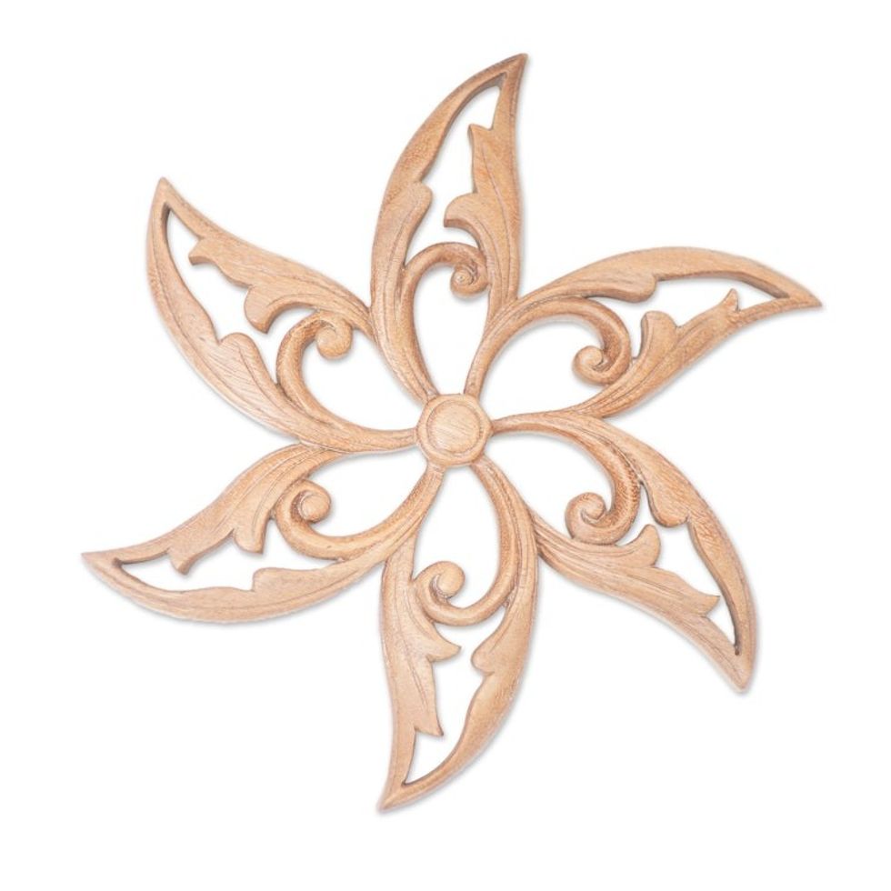 Hand-Carved Floral Suar Wood Relief Panel from Bali 'Razor Petals'
