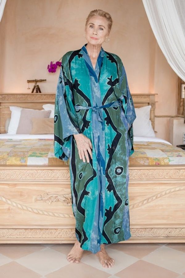 Alternate image for Teal Black and Blue Rayon Batik Long Sleeved Lounge Robe Atmosphere