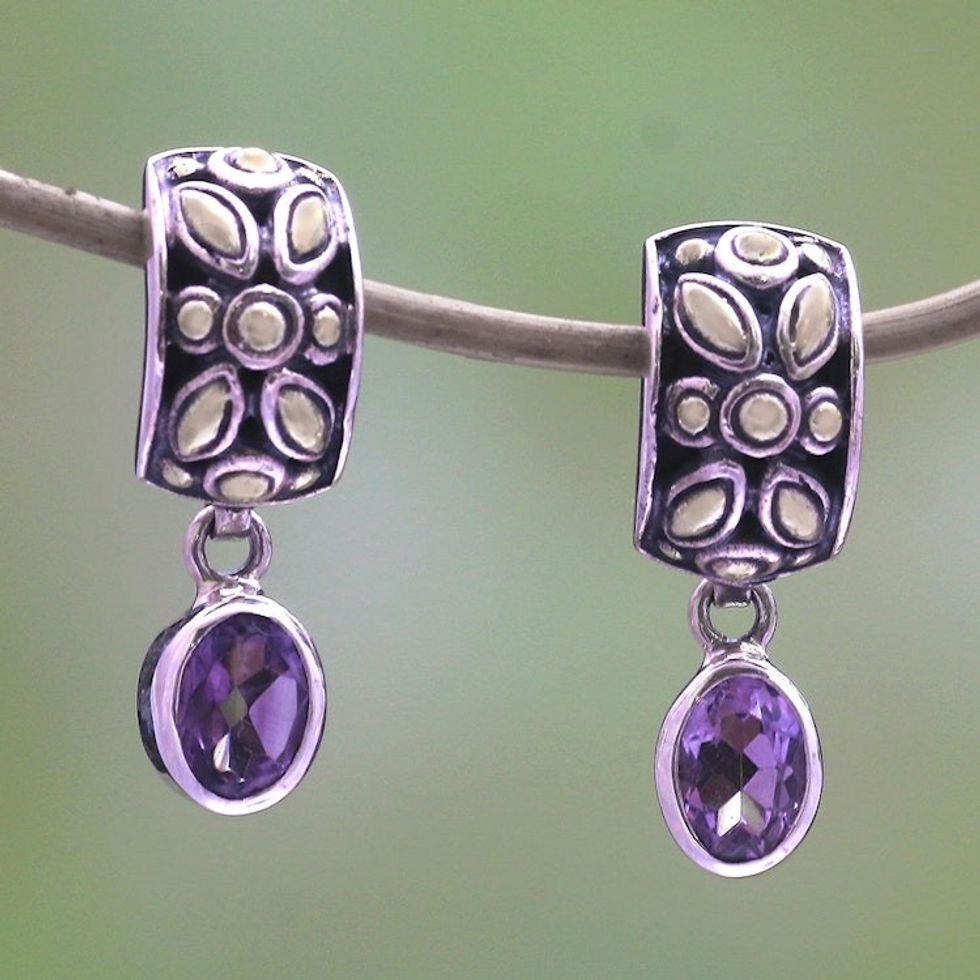 Gold Accented Amethyst Dangle Earrings from Bali 'Padi Glisten'