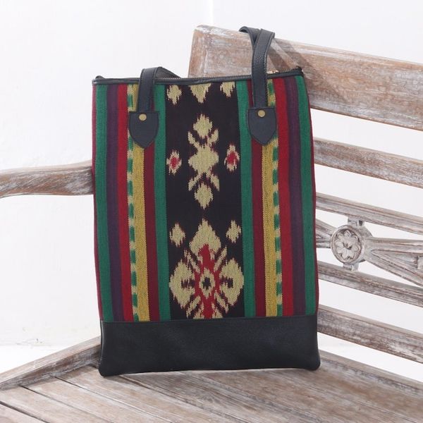 Alternate image for Handcrafted Ikat Jepara Leather Accent Cotton Shoulder Bag Joyous Jepara