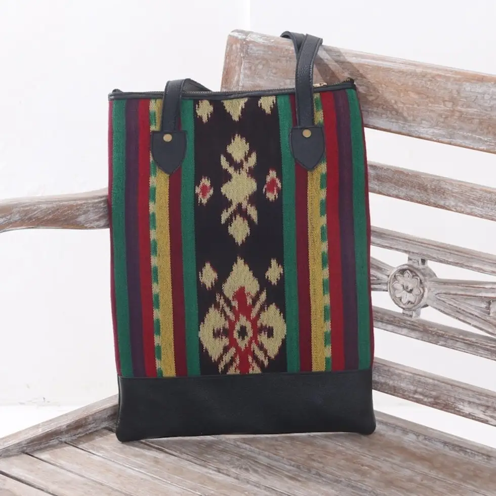 Handcrafted Ikat Jepara Leather Accent Cotton Shoulder Bag 'Joyous Jepara'