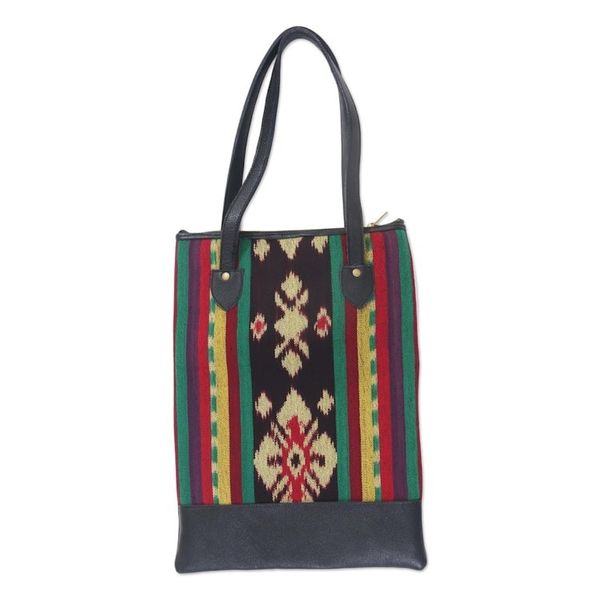 Alternate image for Handcrafted Ikat Jepara Leather Accent Cotton Shoulder Bag Joyous Jepara