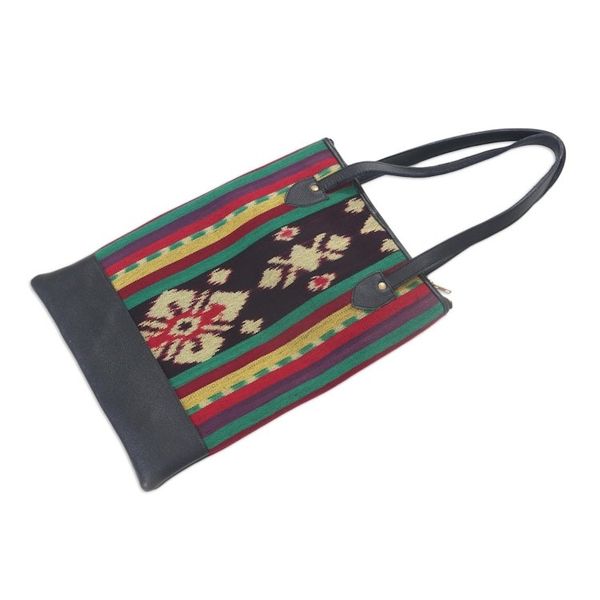 Alternate image for Handcrafted Ikat Jepara Leather Accent Cotton Shoulder Bag Joyous Jepara