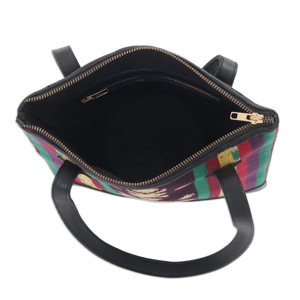 Alternate image for Handcrafted Ikat Jepara Leather Accent Cotton Shoulder Bag Joyous Jepara