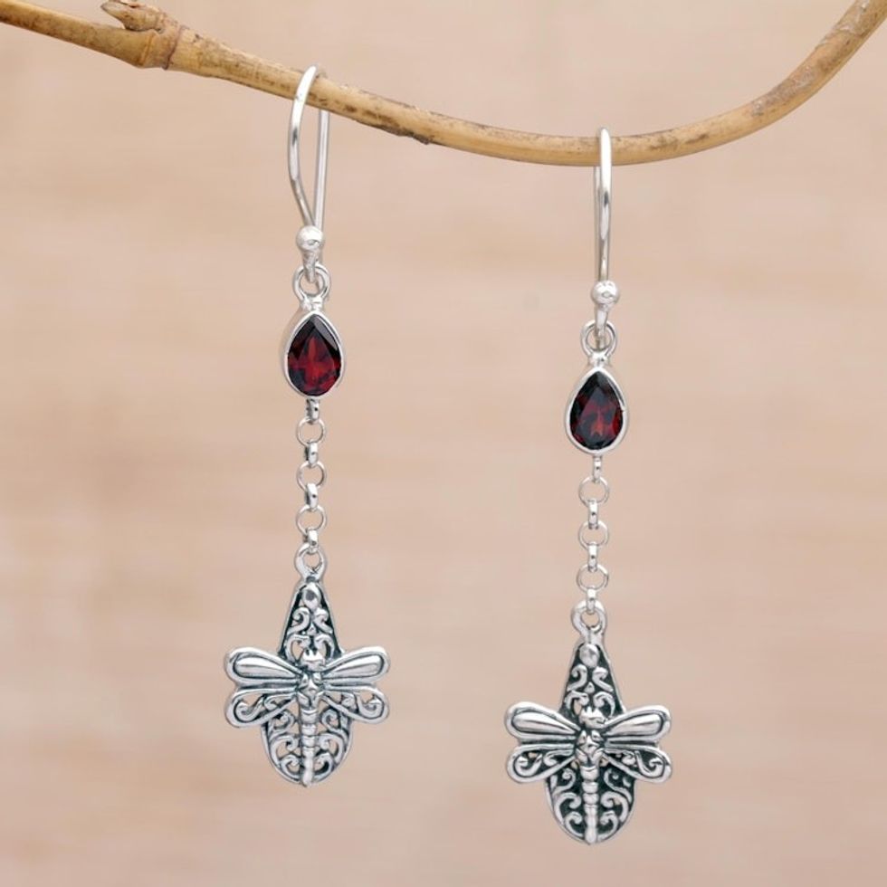 Handmade 925 Sterling Silver Garnet Dragonfly Earrings 'Dragonfly Altar'