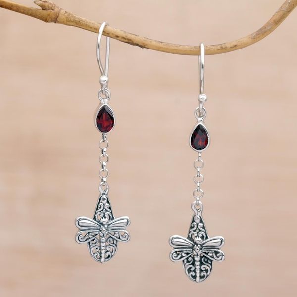 Alternate image for Handmade 925 Sterling Silver Garnet Dragonfly Earrings Dragonfly Altar