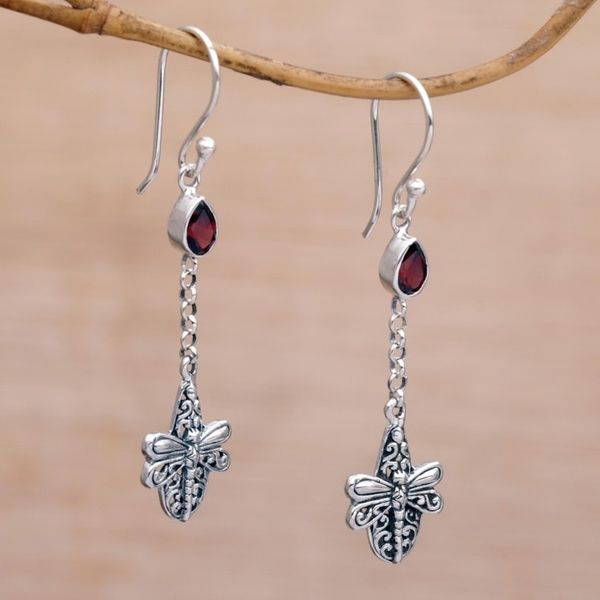 Alternate image for Handmade 925 Sterling Silver Garnet Dragonfly Earrings Dragonfly Altar