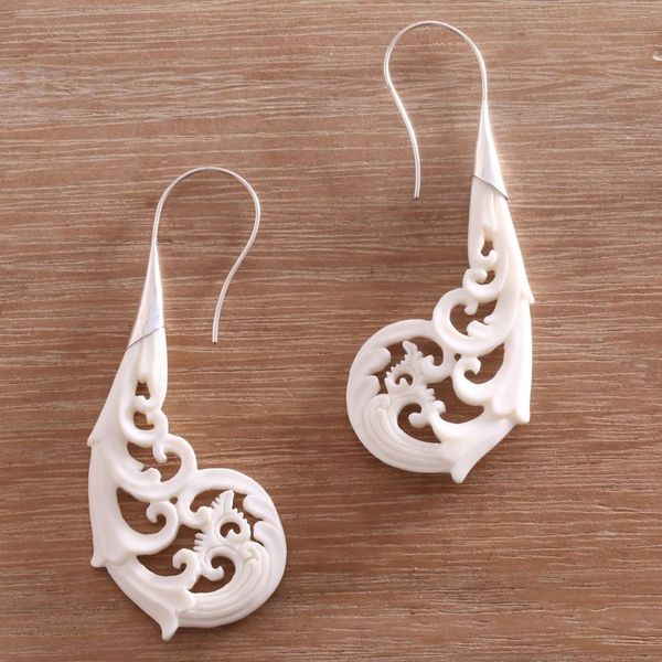 Alternate image for Curl Motif Bone Drop Earrings Crafted in Bali Tampaksiring Forest