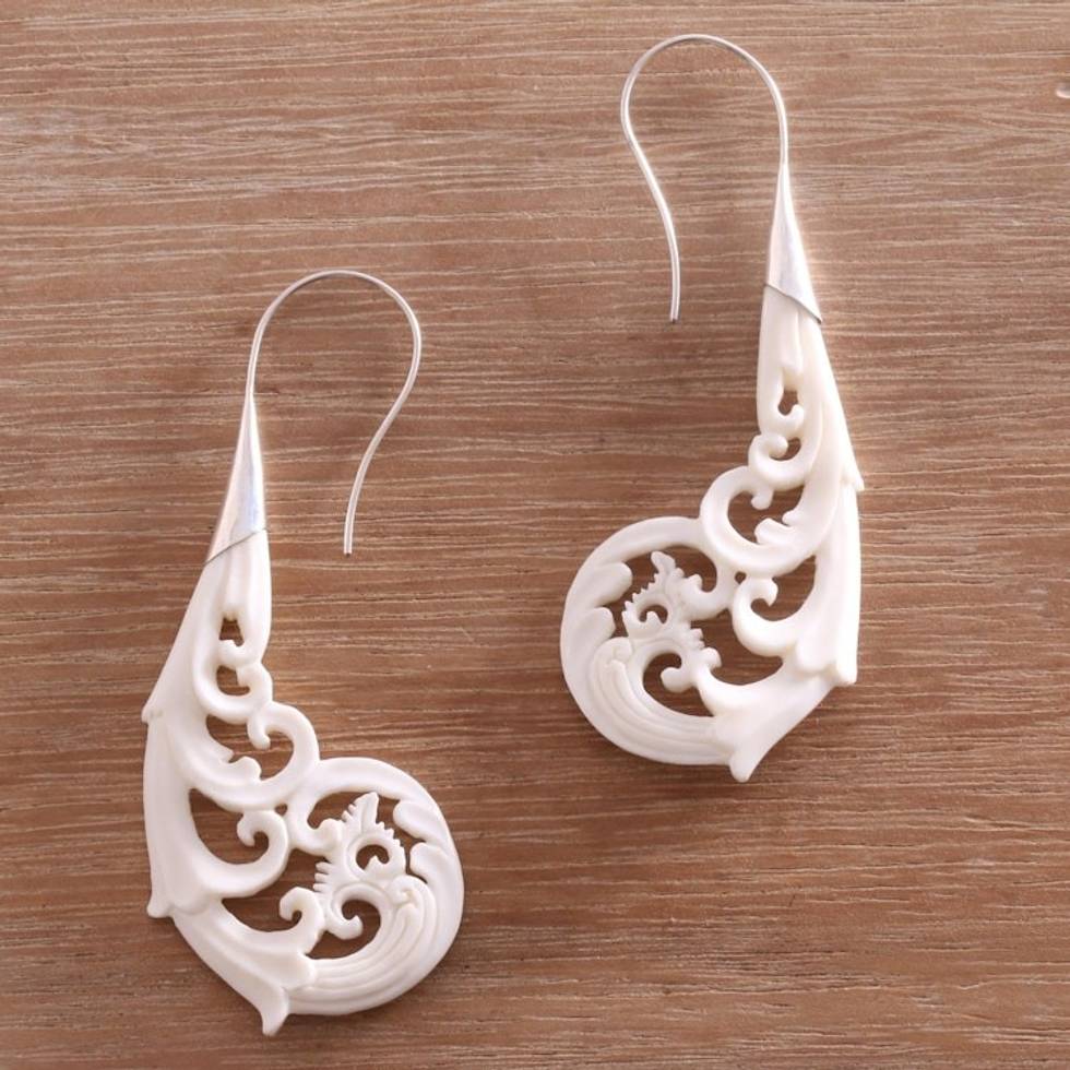 Curl Motif Bone Drop Earrings Crafted in Bali 'Tampaksiring Forest'