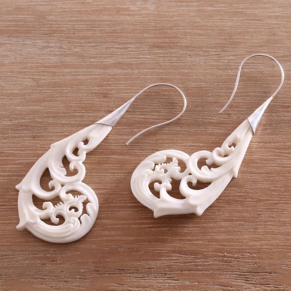 Alternate image for Curl Motif Bone Drop Earrings Crafted in Bali Tampaksiring Forest
