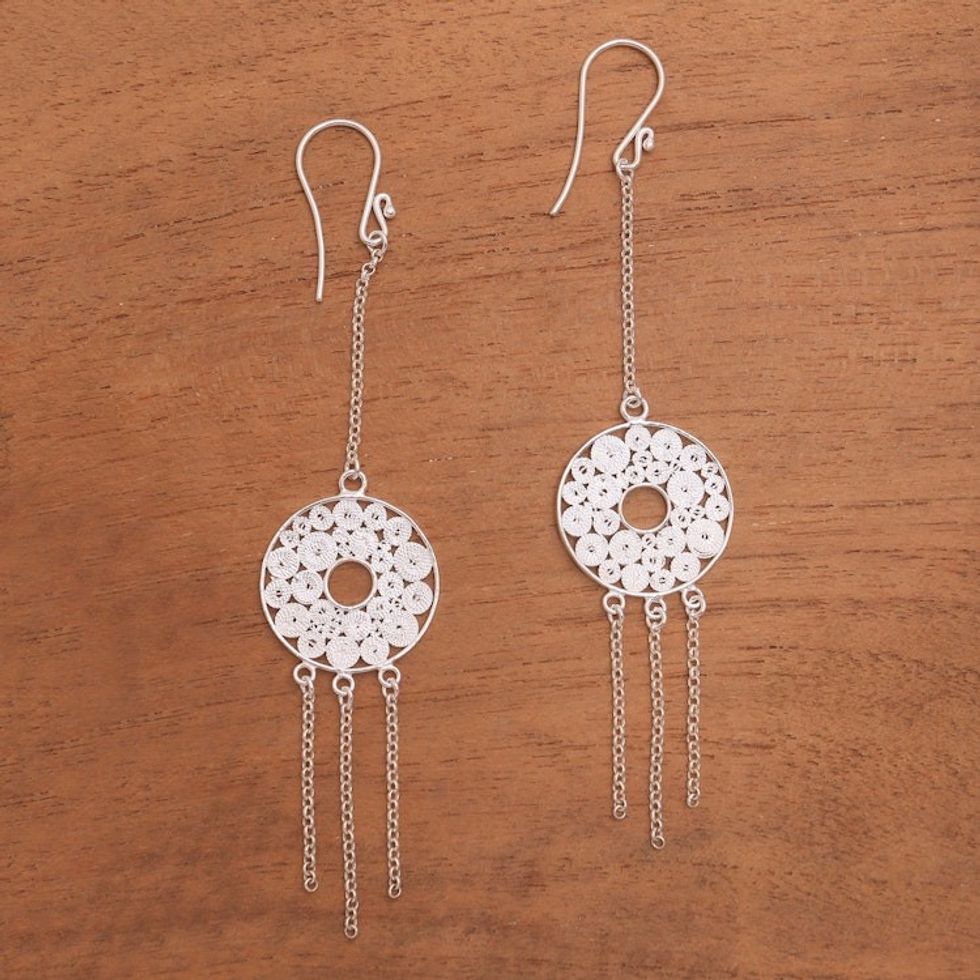 Circular Sterling Silver Filigree Dangle Earrings from Java 'Raining Circles'