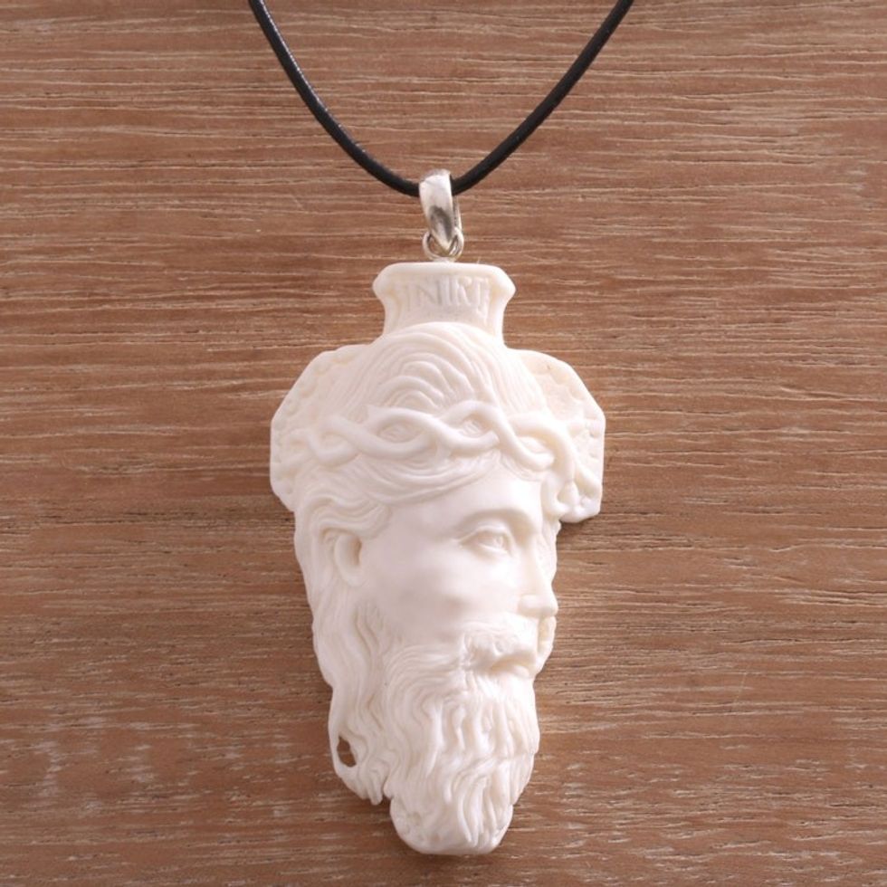 Hand-Carved Bone Jesus Pendant Necklace from Bali 'Jesus Portrait'