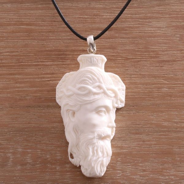 Alternate image for Hand-Carved Bone Jesus Pendant Necklace from Bali Jesus Portrait