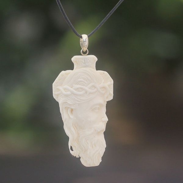 Alternate image for Hand-Carved Bone Jesus Pendant Necklace from Bali Jesus Portrait