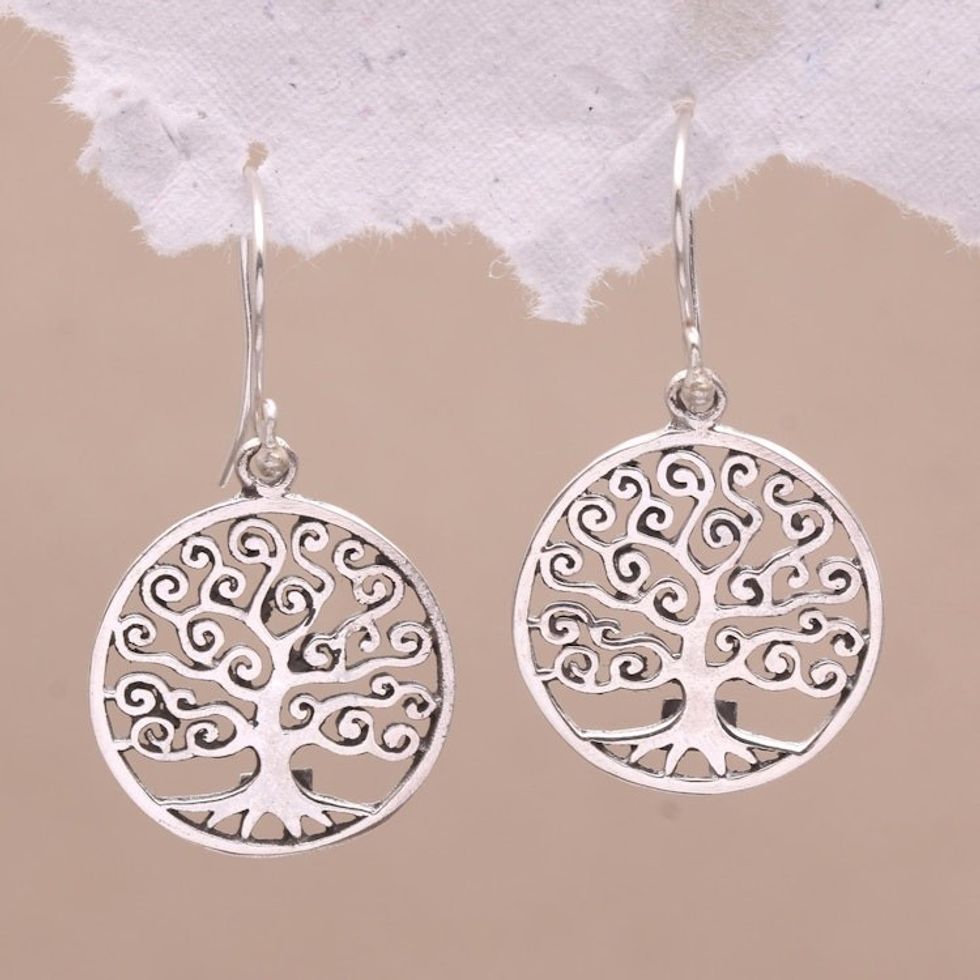Round Sterling Silver Dreamy Growing Trees Dangle Earrings 'Tree of Dreams'