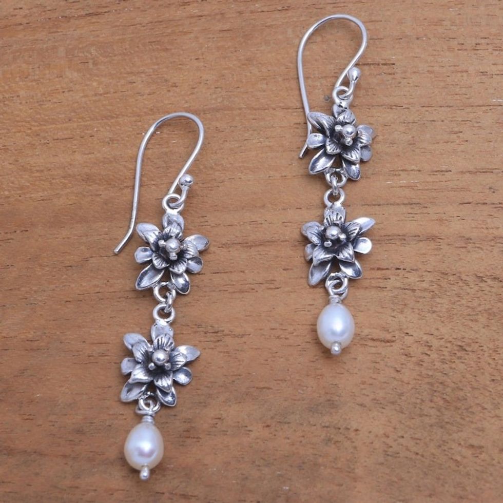 Lotus Flower Cultured Pearl Dangle Earrings from Bali 'Lotus Garland'