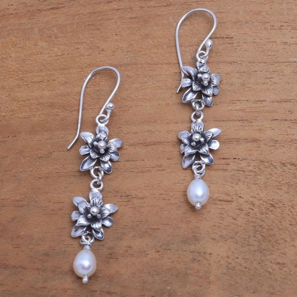 Alternate image for Lotus Flower Cultured Pearl Dangle Earrings from Bali Lotus Garland