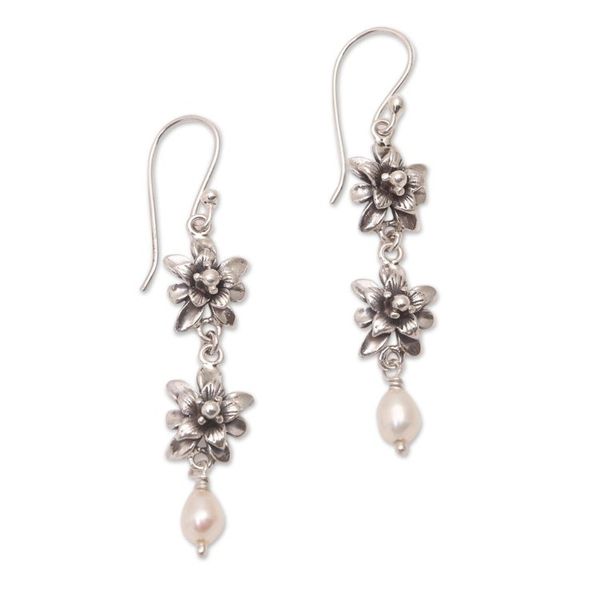 Alternate image for Lotus Flower Cultured Pearl Dangle Earrings from Bali Lotus Garland
