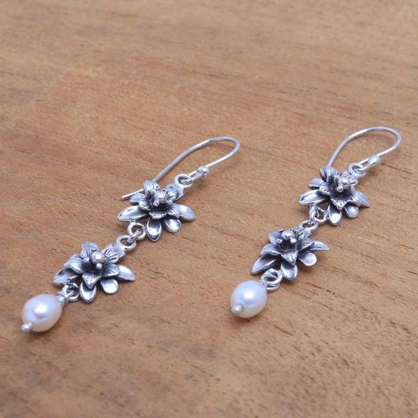 Alternate image for Lotus Flower Cultured Pearl Dangle Earrings from Bali Lotus Garland