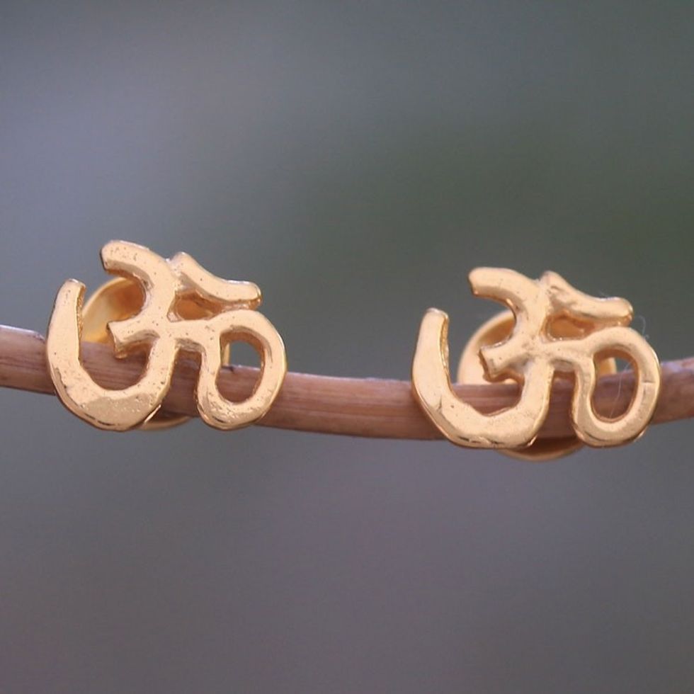 Gold Plated Sterling Silver Om Stud Earrings from Bali 'Regal Omkara'