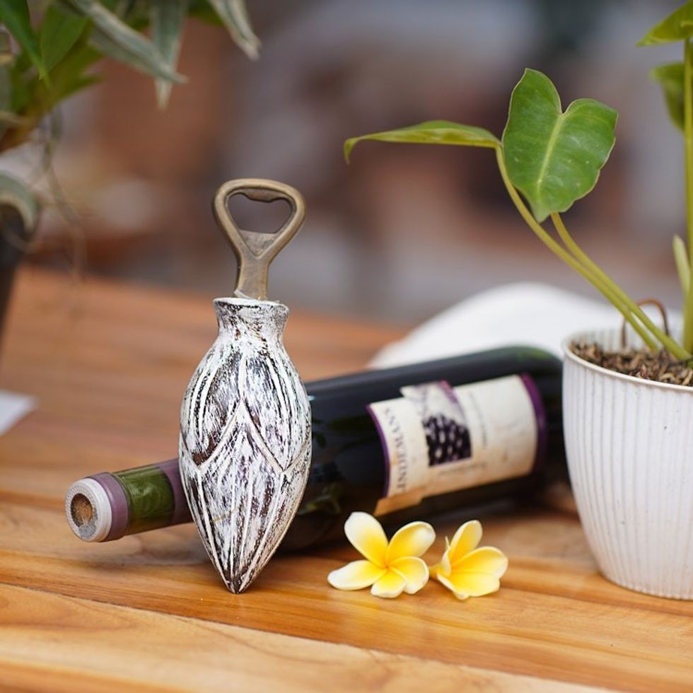 Handcrafted Wood Lotus Bottle Opener in Black and White 'Young Lotus'