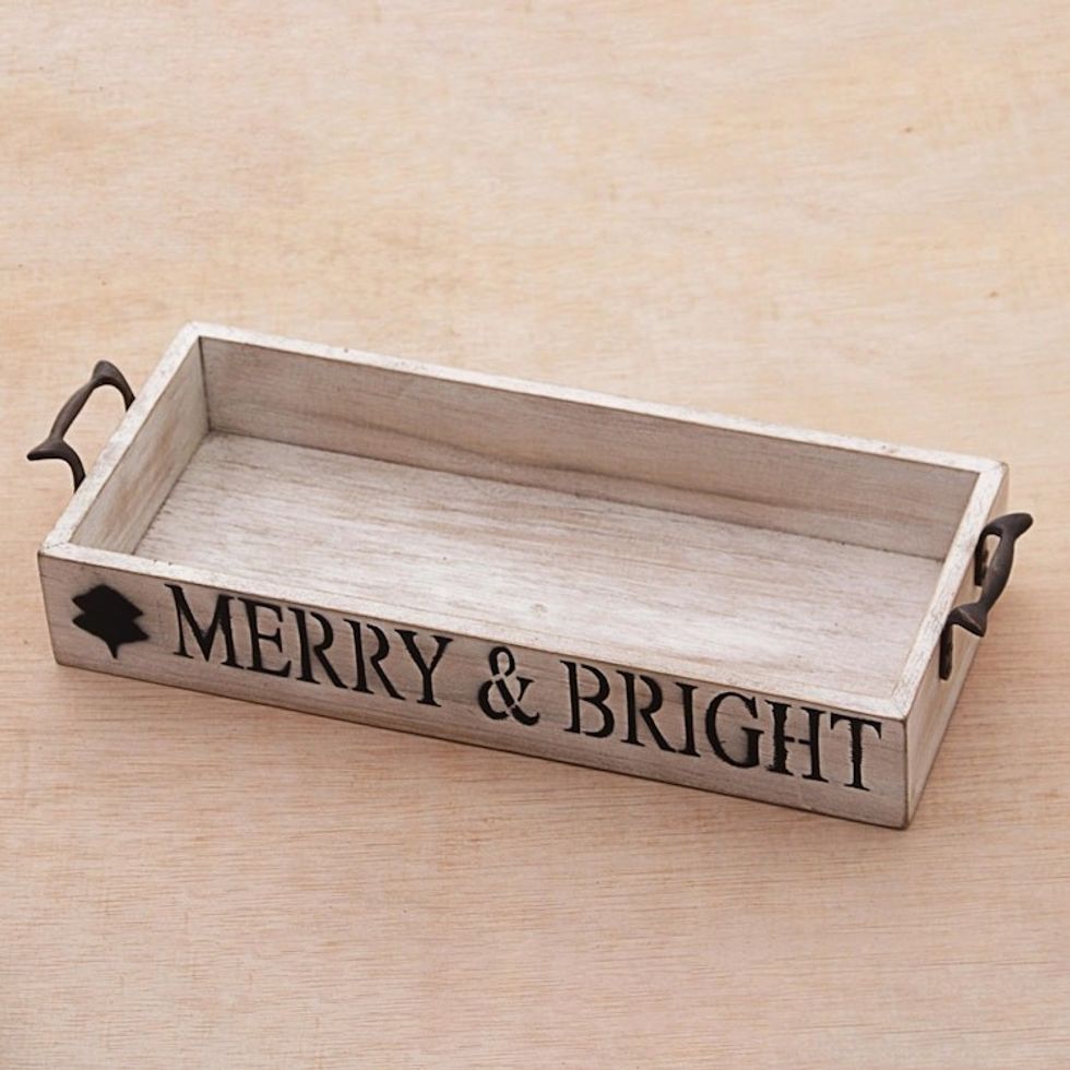 Inspirational Wood Decorative Tray with Handles from Java 'Merry and Bright'