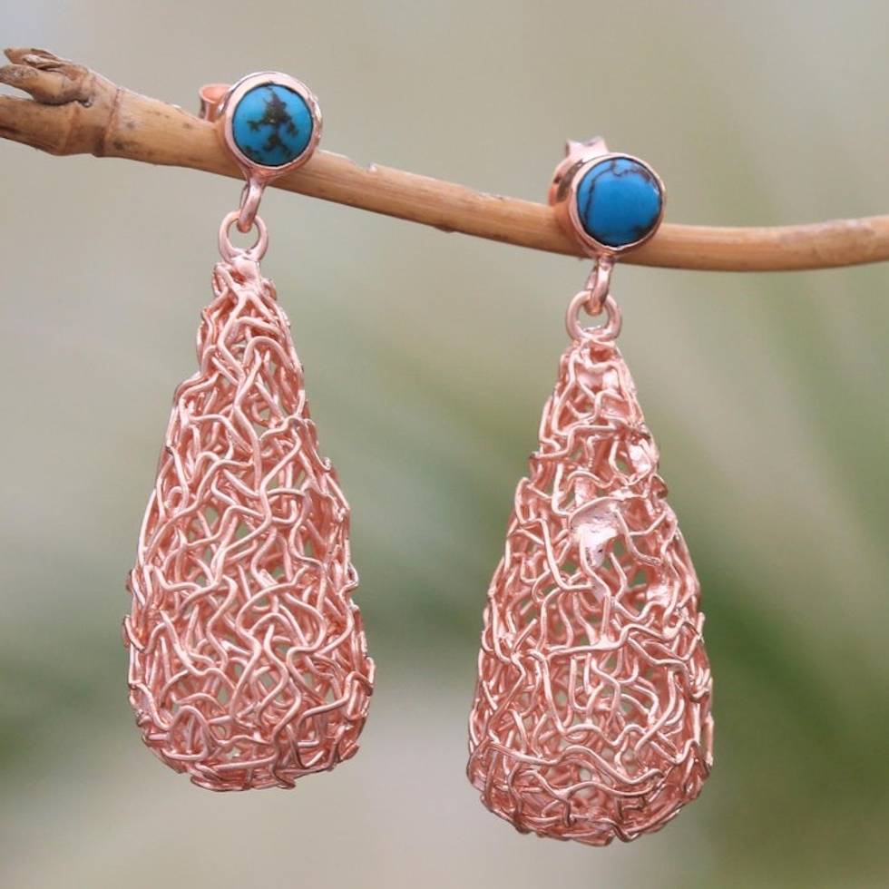 Drop-Shaped Rose Gold Plated Magnesite Earrings from Bali 'Nested Rain'