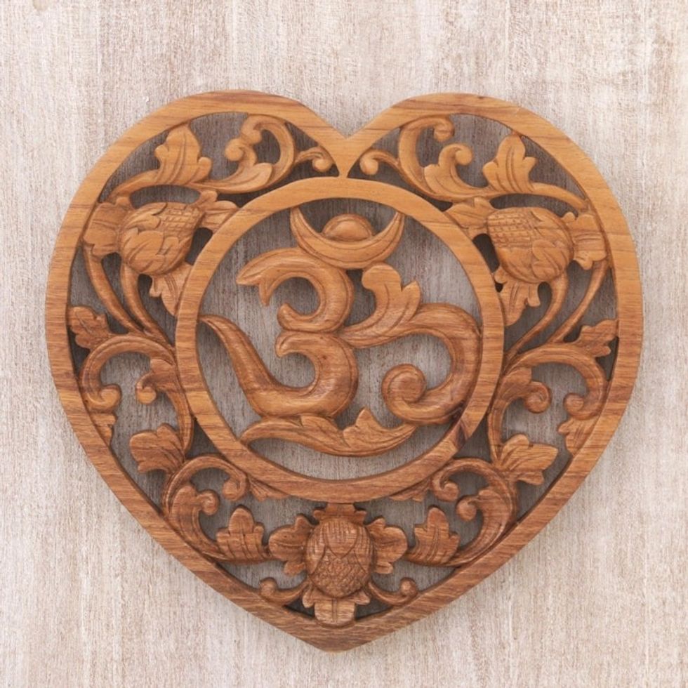 Hand Carved Balinese Om Motif Wood Wall Relief Panel 'Om Love'