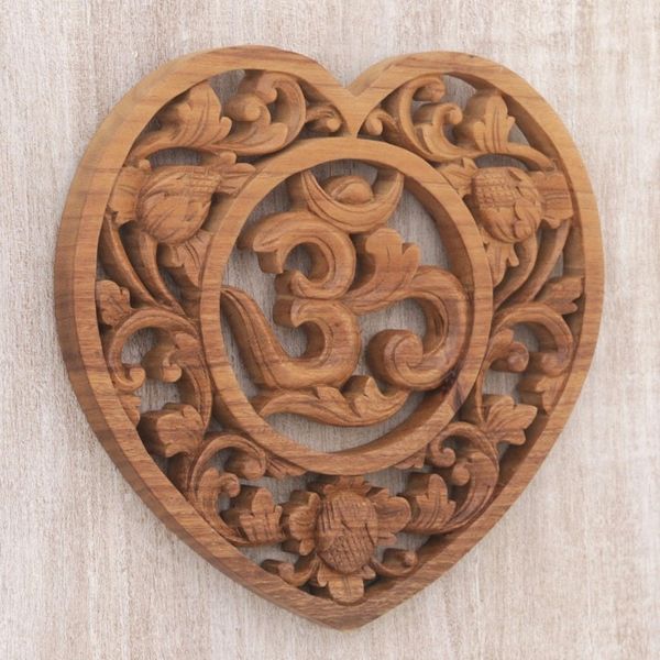 Alternate image for Hand Carved Balinese Om Motif Wood Wall Relief Panel Om Love
